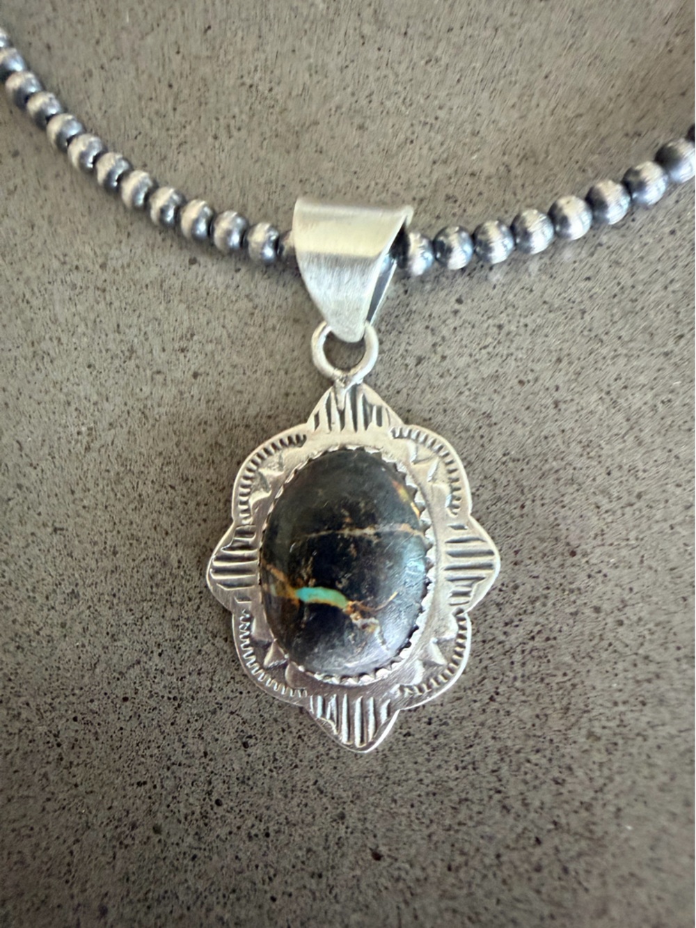 Black Jack Turquoise Pendant Sterling Silver Necklace | 3mm Desert Pearls 14-16”